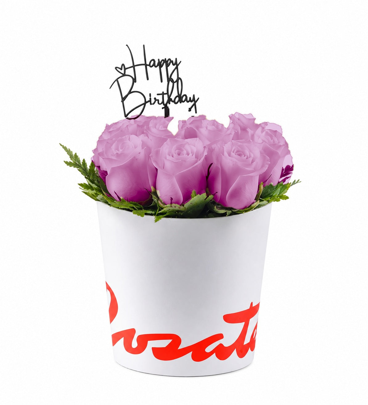 Sombrerera blanca mediana con 12 rosas y topper Happy Anniversary, rosas lila