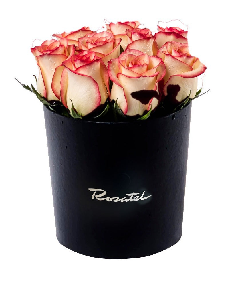 Sombrerera negra mediana con 12 rosas, rosas blush (crema con borde rojo)