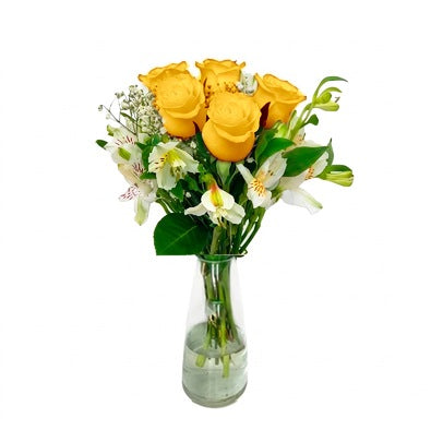 Arreglo con 5 rosas y astromelias en florero gélida, rosas amarillas