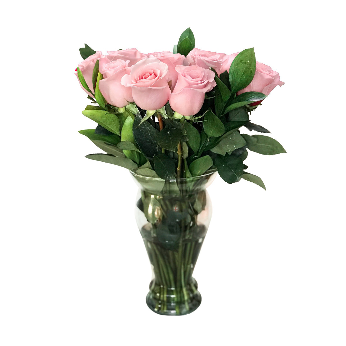 Arreglo con 24 rosas en florero modelo europeo, rosas rosadas