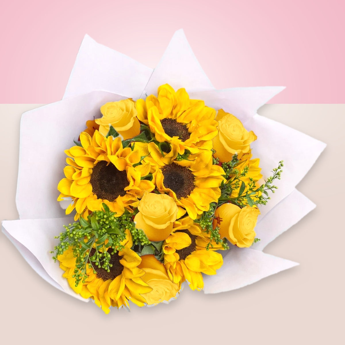 Ramo con 6 rosas amarillas y 6 girasoles