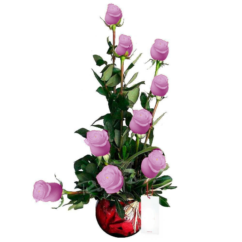 Arreglo con 9 rosas en pecera mediana, rosas lila