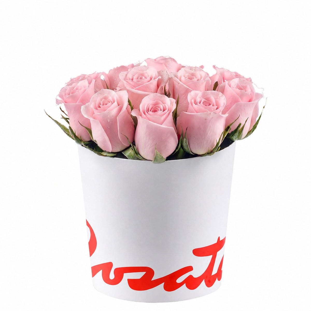 Sombrerera blanca mediana con 12 rosas, rosas rosadas