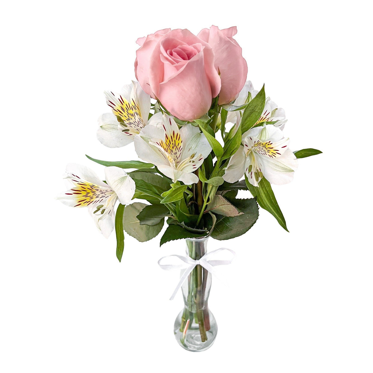 Uniflor con 3 rosas y astromelia, rosas rosadas