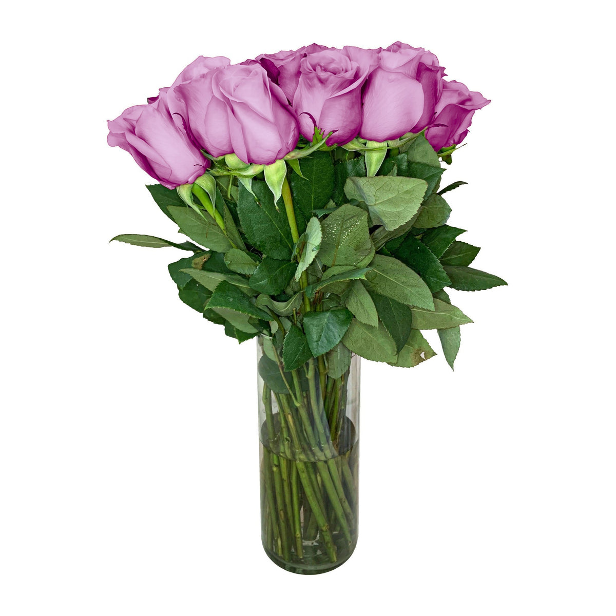 Arreglo con 36 rosas en florero velón, rosas lila
