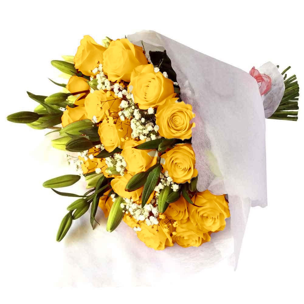 Ramo con 36 rosas y 10 liliums, rosas amarillas