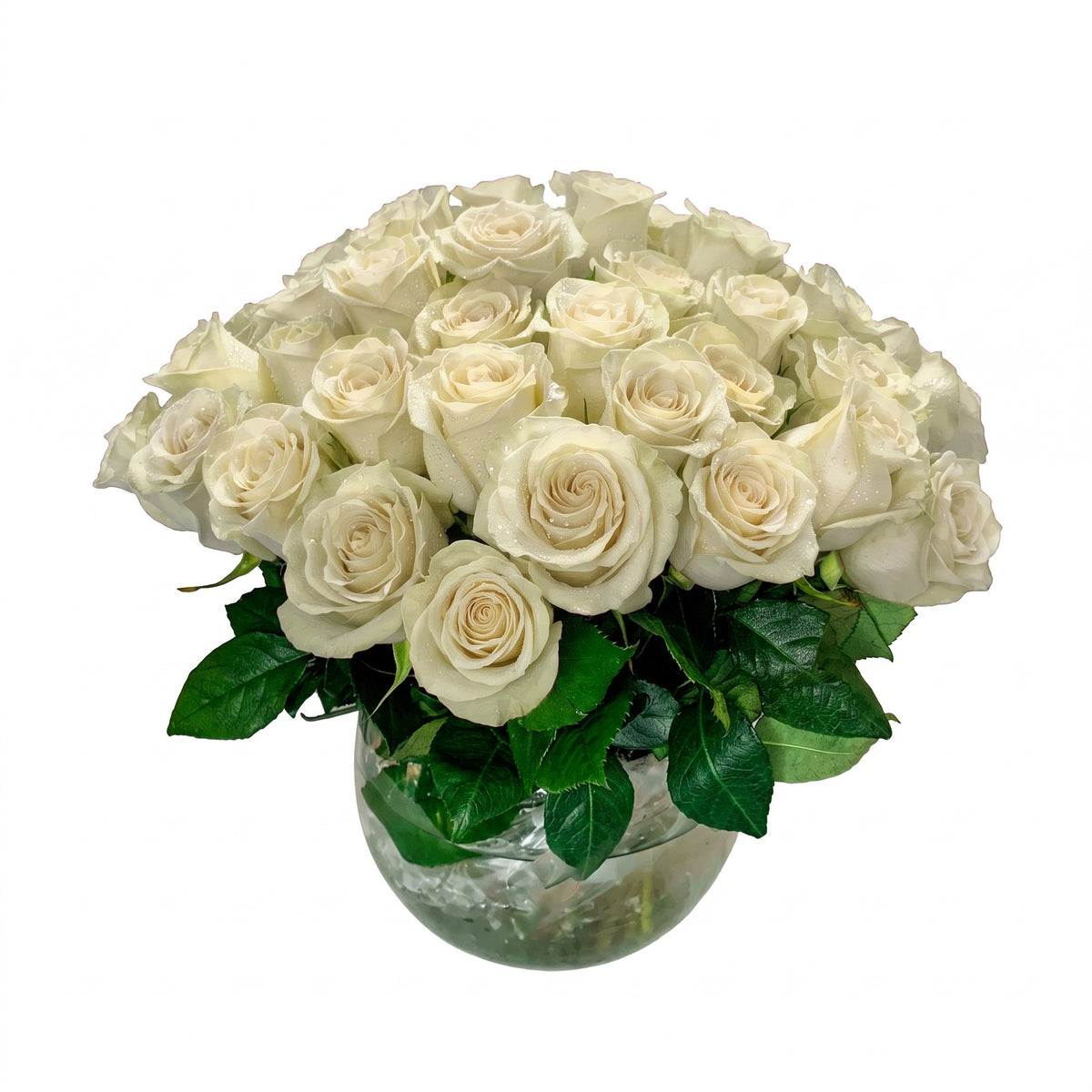 Arreglo con 60 rosas en florero pecera grande, rosas blancas