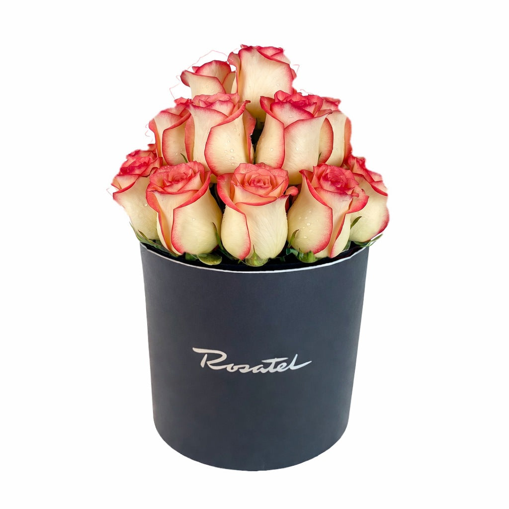 Sombrerera negra mediana con 18 rosas, rosas blush (crema con borde rojo)