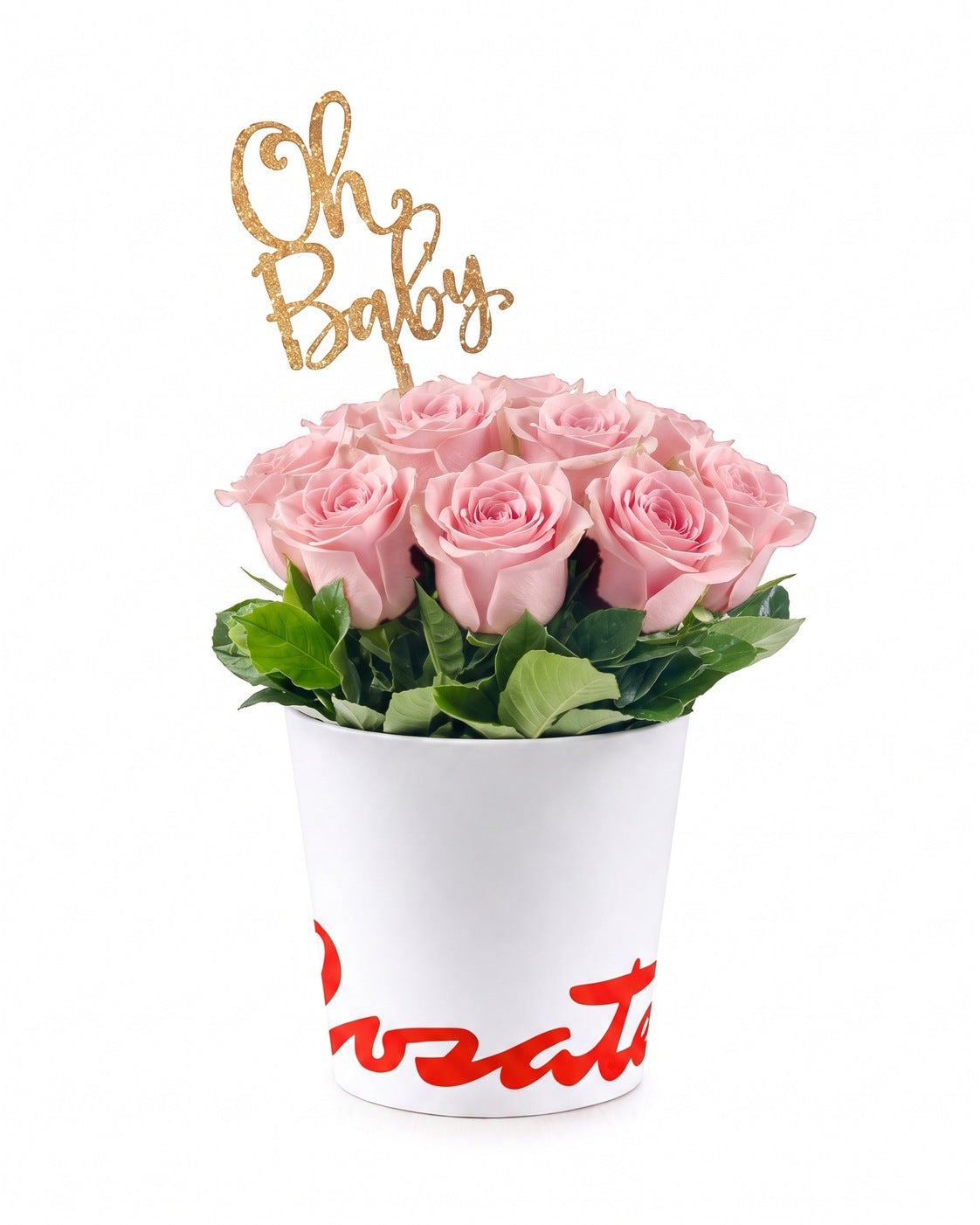 Sombrerera blanca mediana con 10 rosas y varilla Oh Baby, rosas rosadas