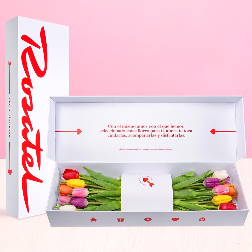 Caja blanca Rosatel con tulipanes de colores variados