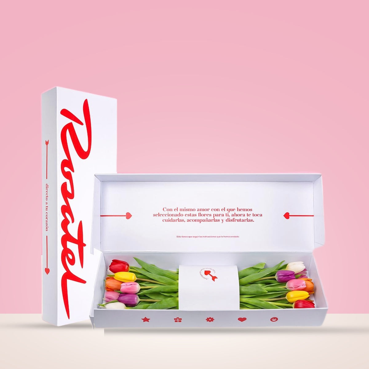 Caja blanca Rosatel con tulipanes de colores variados