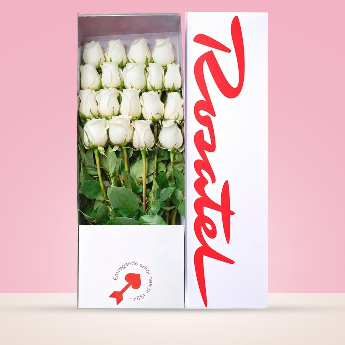 Caja blanca Rosatel con 18 rosas blancas