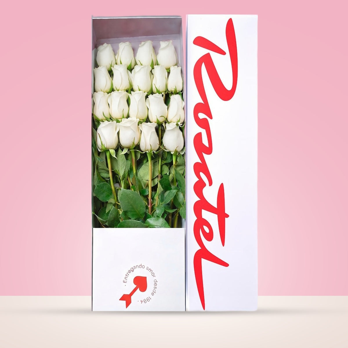 Caja blanca Rosatel con 18 rosas blancas