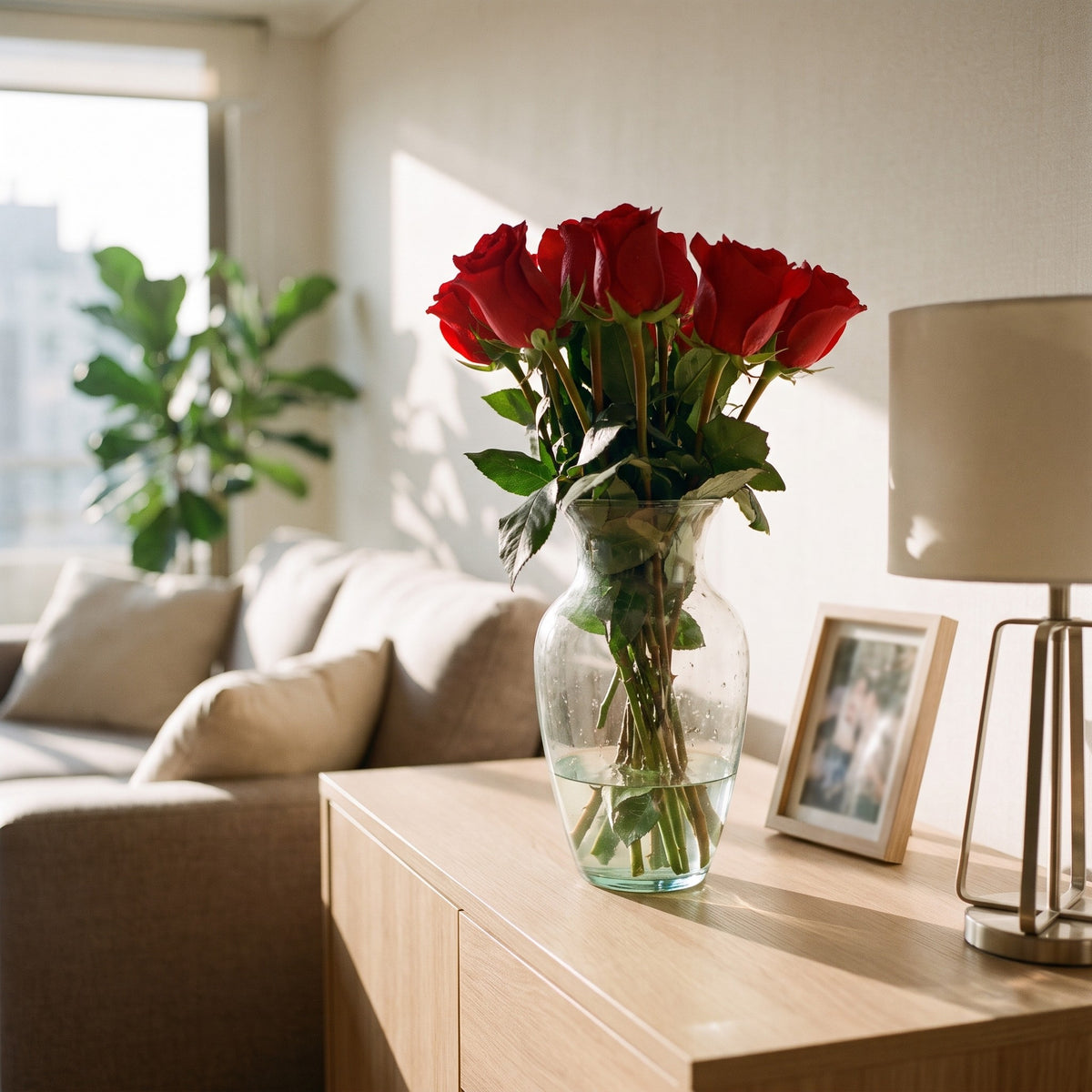 Arreglo con 12 rosas en florero Samaritano en un living