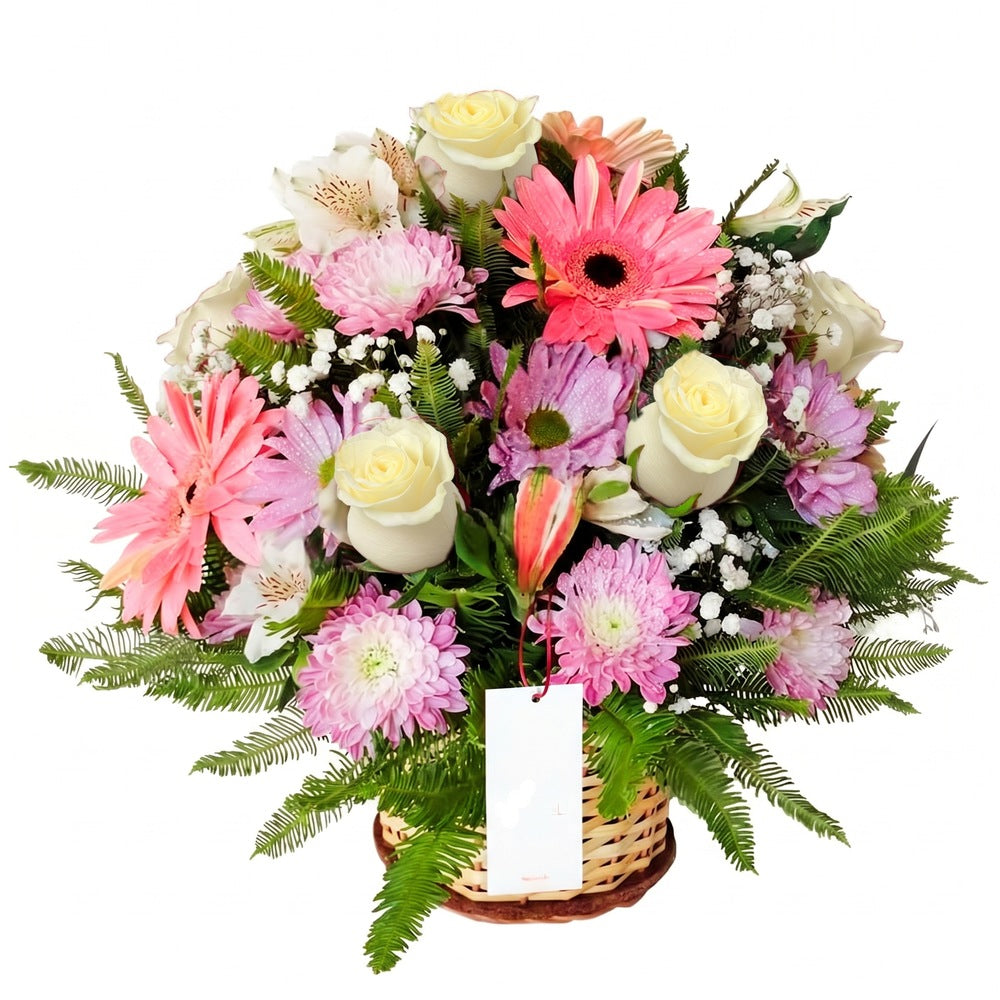Canasta con 6 rosas, gerberas y flores, rosas blancas