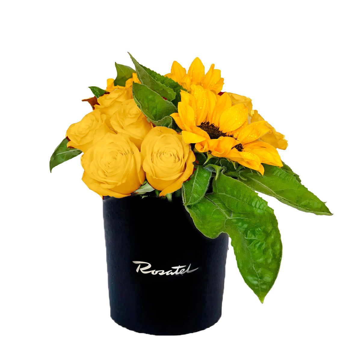 Sombrerera negra mediana con 12 rosas y 3 girasoles, rosas amarillas