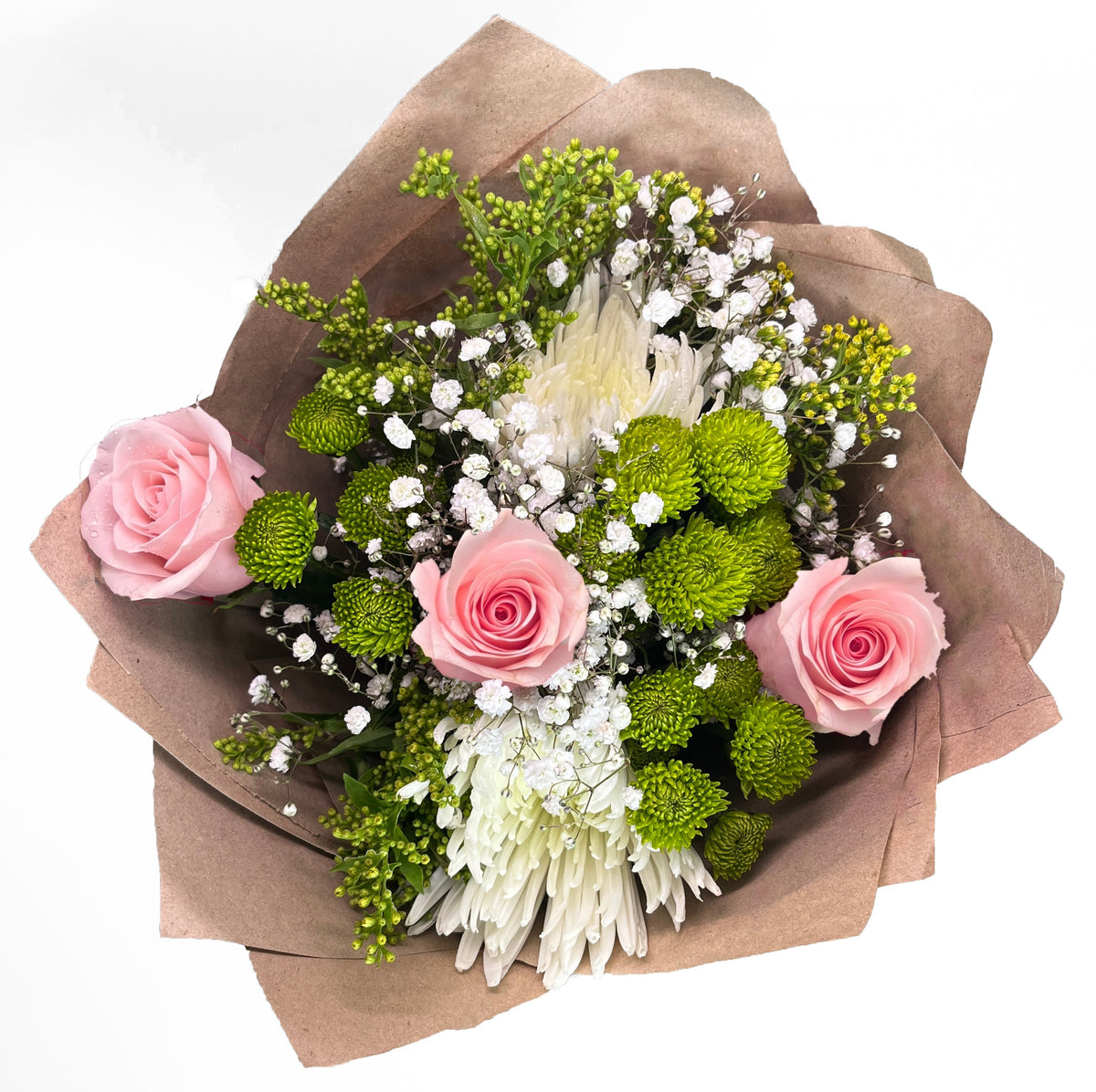 Ramo rústico con 3 rosas y flores variadas, rosas rosadas