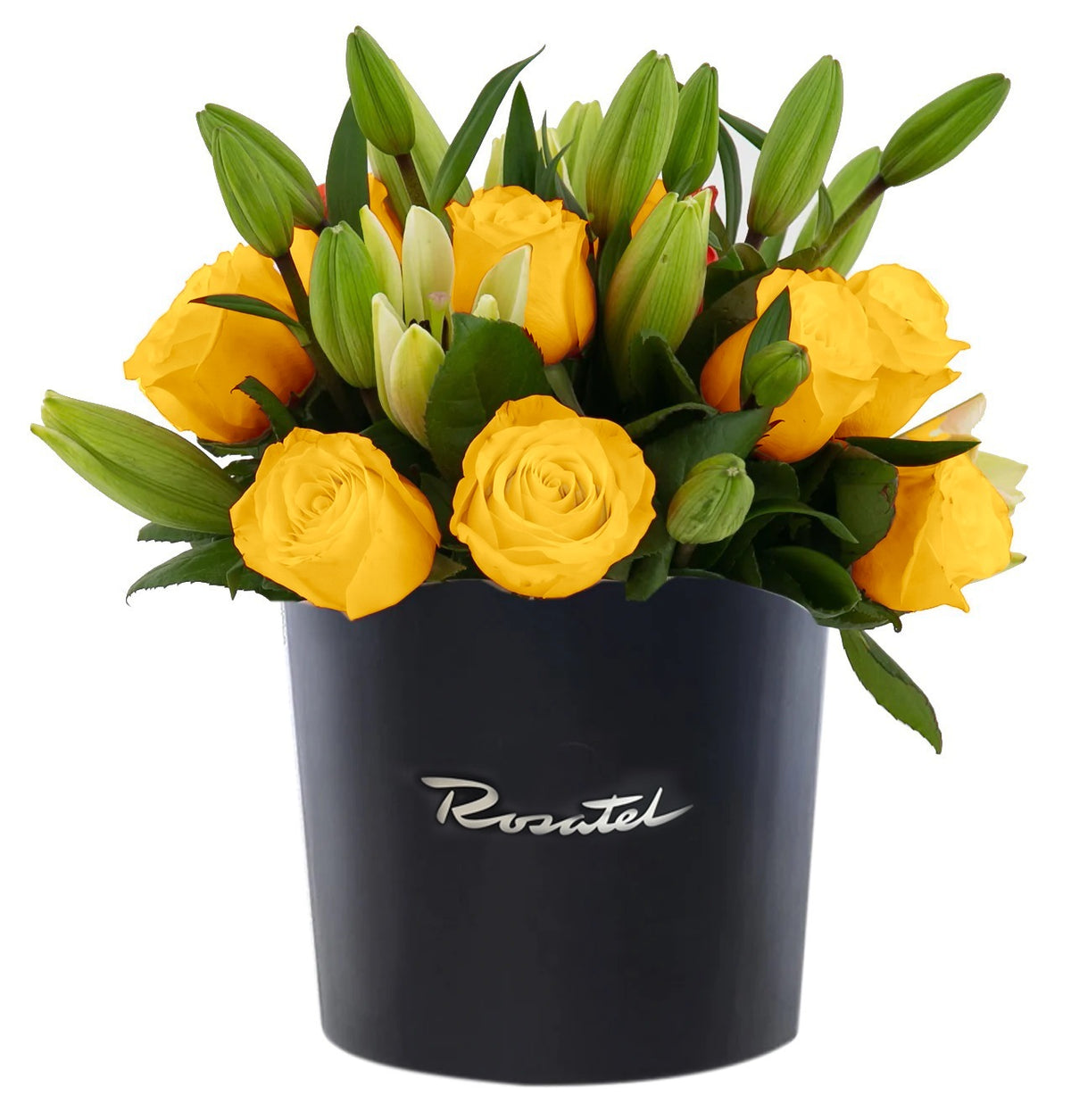 Sombrerera negra mediana con 12 rosas y lilium, rosas amarillas