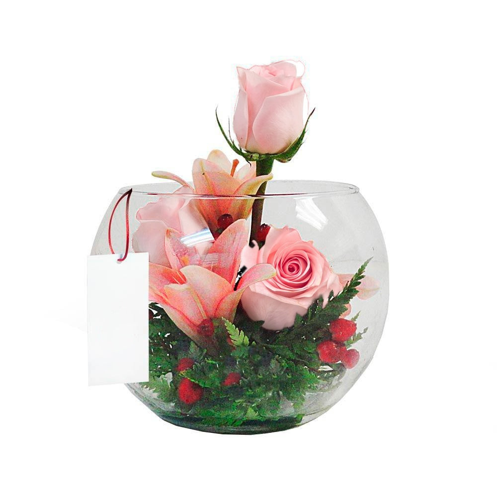 Arreglo con 3 rosas y lilium en pecera grande, rosas rosadas