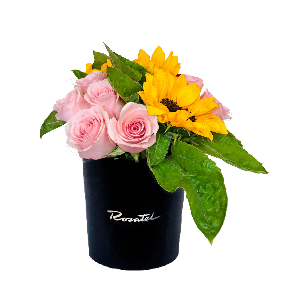Sombrerera negra mediana con 12 rosas y 3 girasoles, rosas rosadas