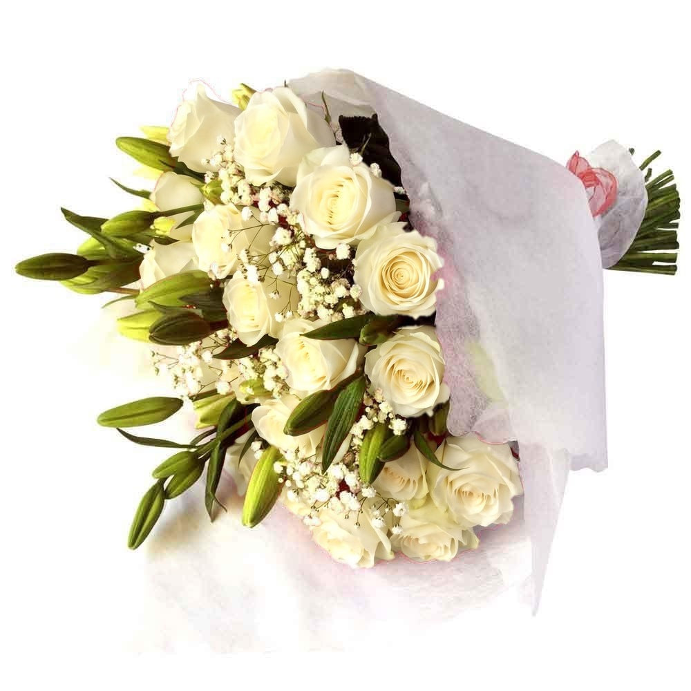 Ramo con 36 rosas y 10 liliums, rosas blancas