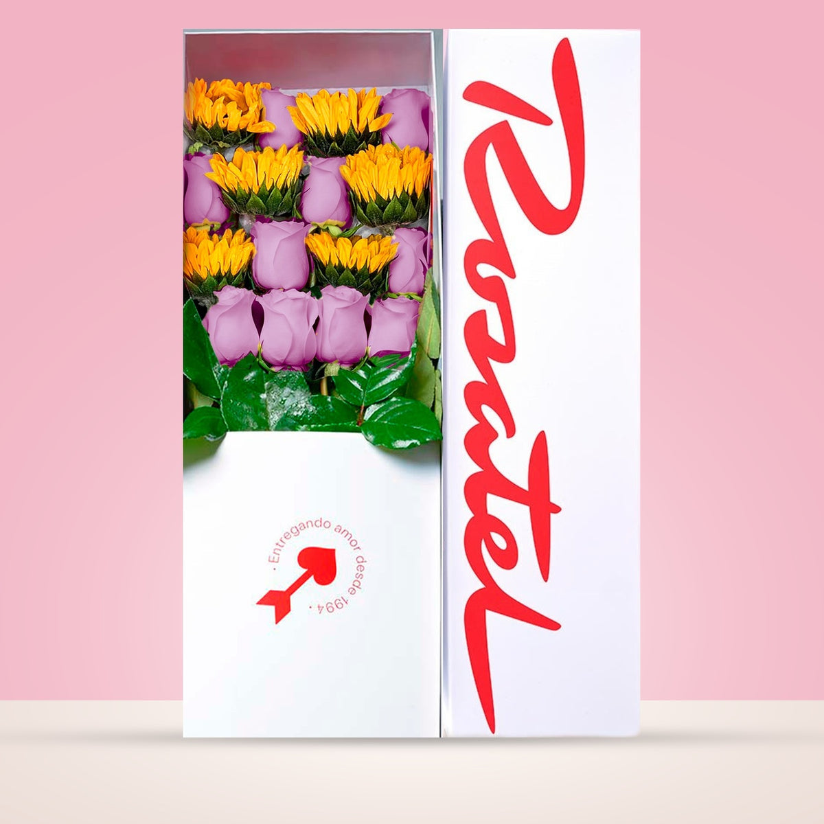 Caja blanca grande Rosatel con 10 rosas y girasoles, rosas lila