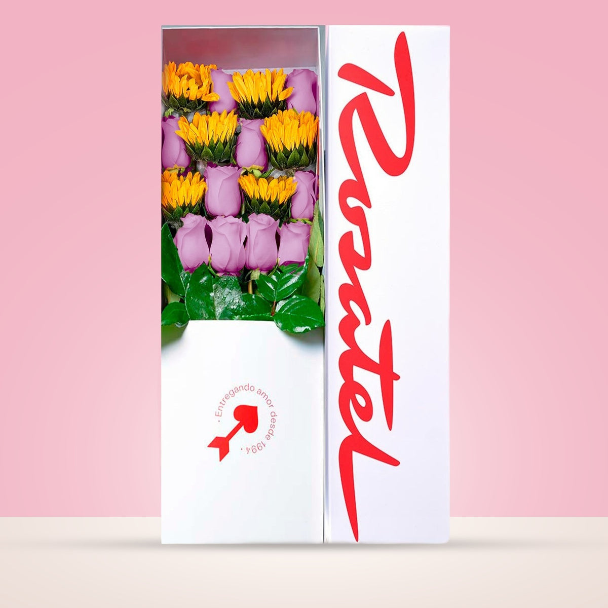 Caja blanca grande Rosatel con 10 rosas y girasoles, rosas lila