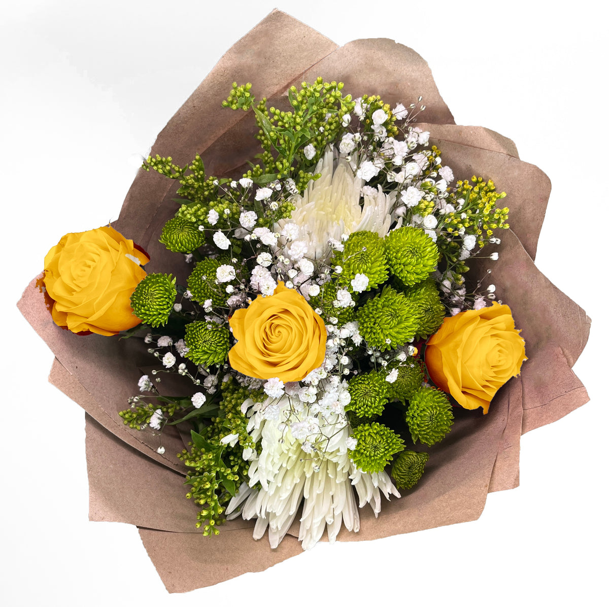 Ramo rústico con 3 rosas y flores variadas, rosas amarillas