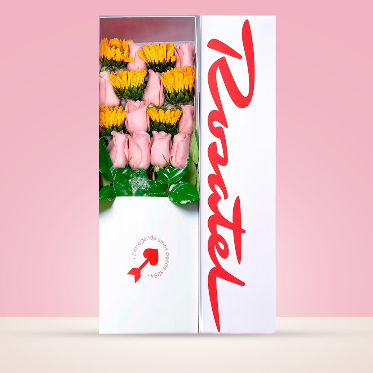 Caja blanca grande Rosatel con 10 rosas y girasoles, rosas rosadas