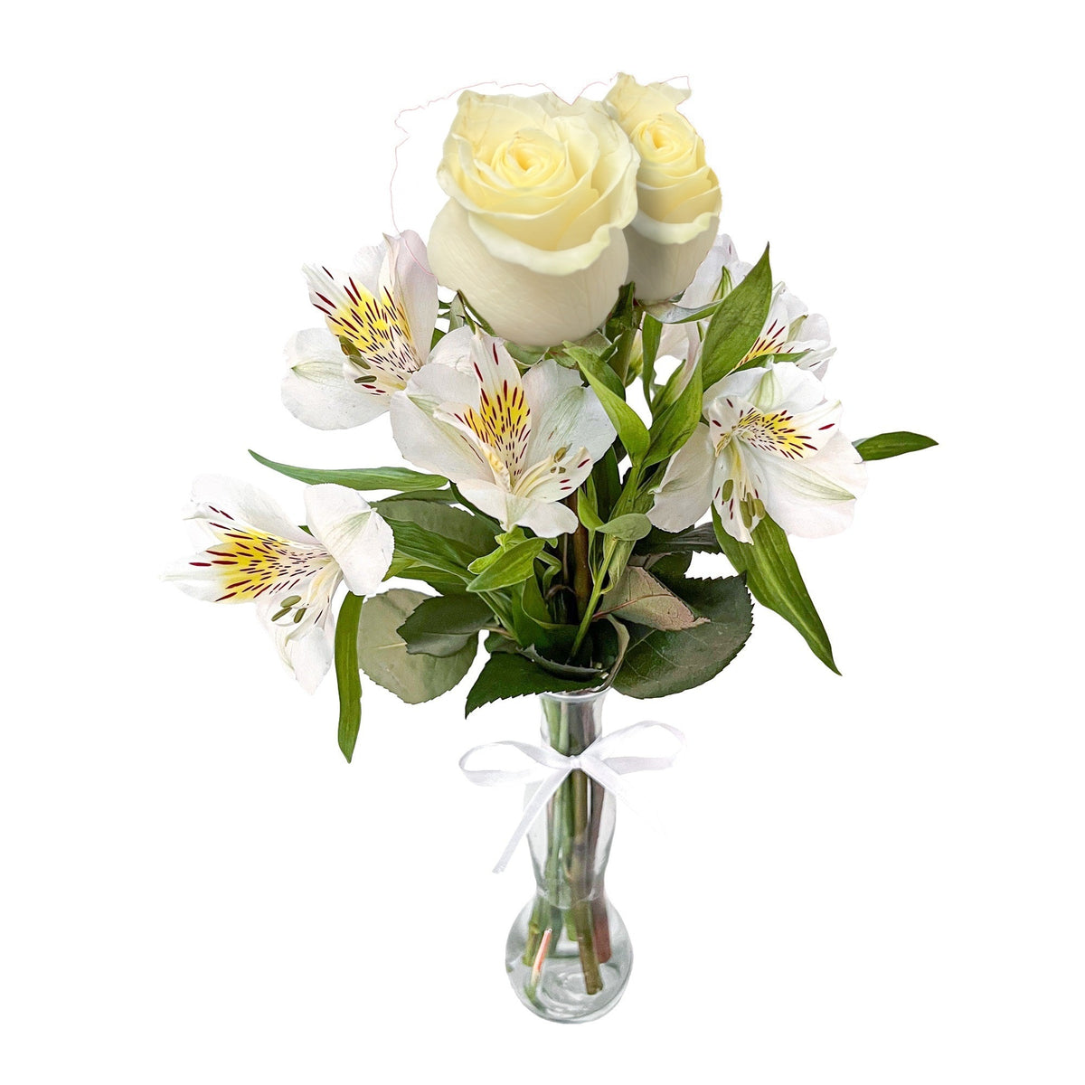 Uniflor con 3 rosas y astromelia, rosas blancas