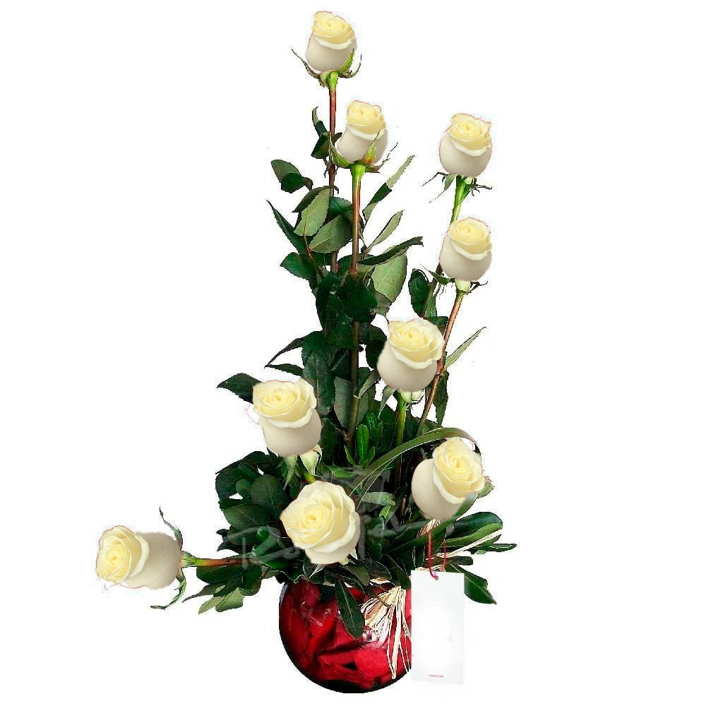 Arreglo con 9 rosas en pecera mediana, rosas blancas