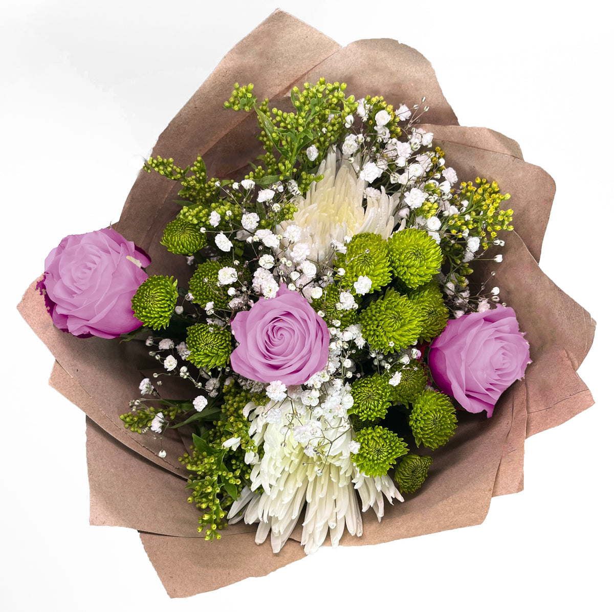 Ramo rústico con 3 rosas y flores variadas, rosas lila