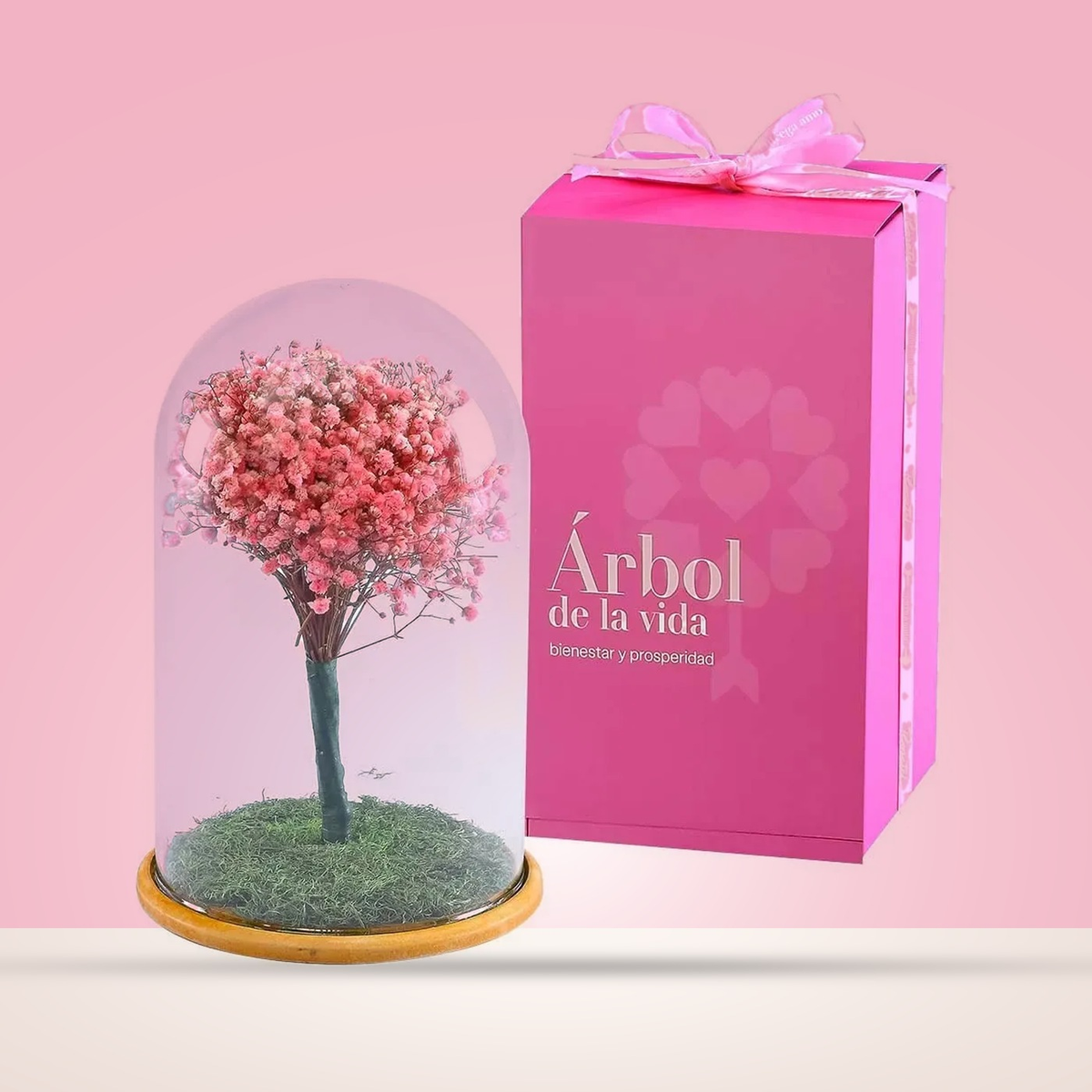 Árbol de la vida rosado de 28 cm en cúpula de vidrio con su caja