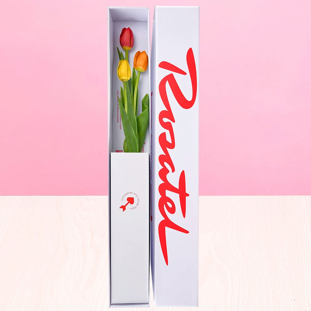 Caja blanca Rosatel con 3 tulipanes de colores variados: rojo, amarillo y naranjo
