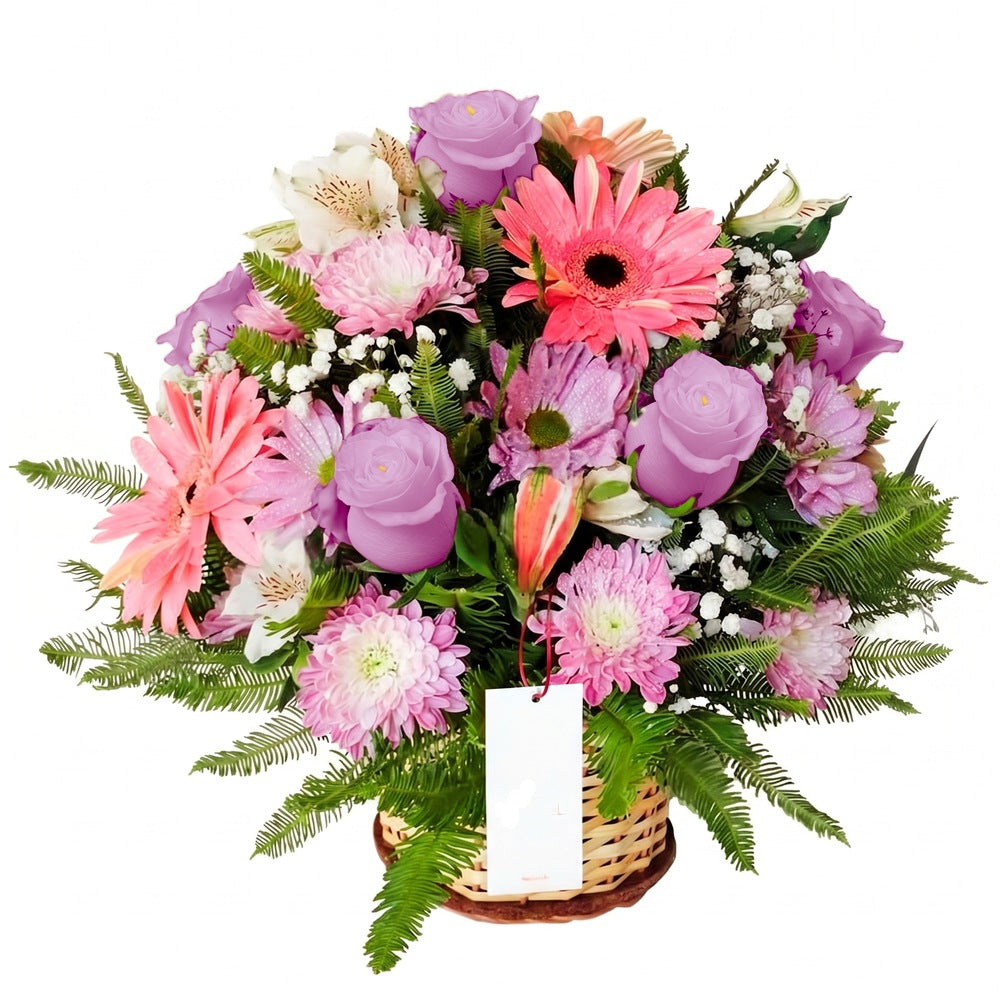 Canasta con 6 rosas, gerberas y flores, rosas lila