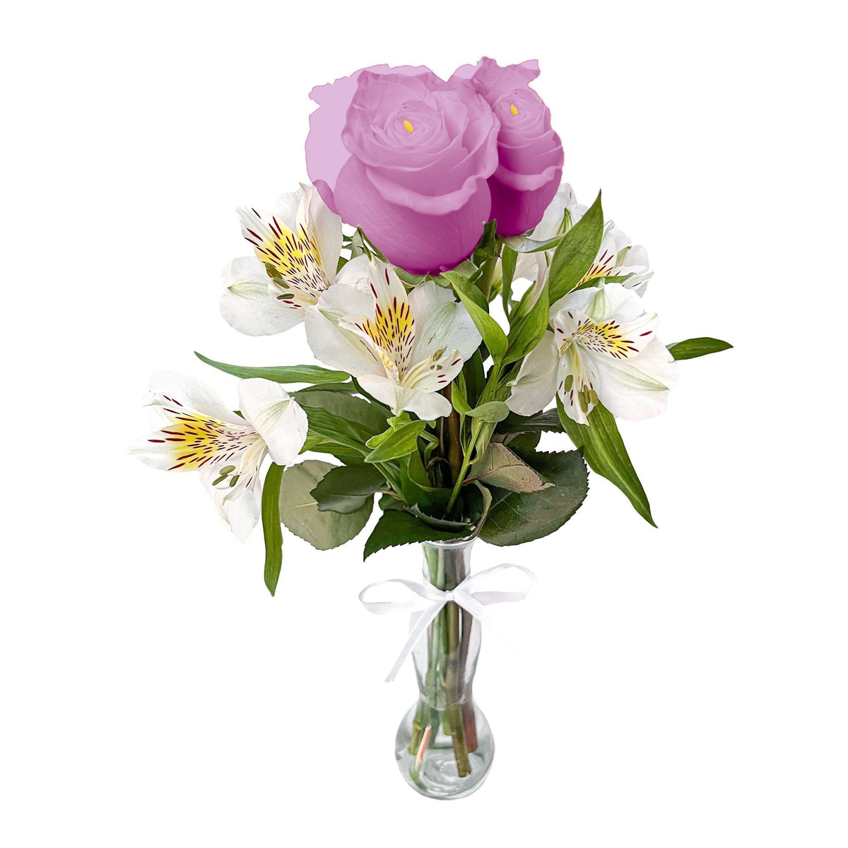 Uniflor con 3 rosas y astromelia, rosas lila