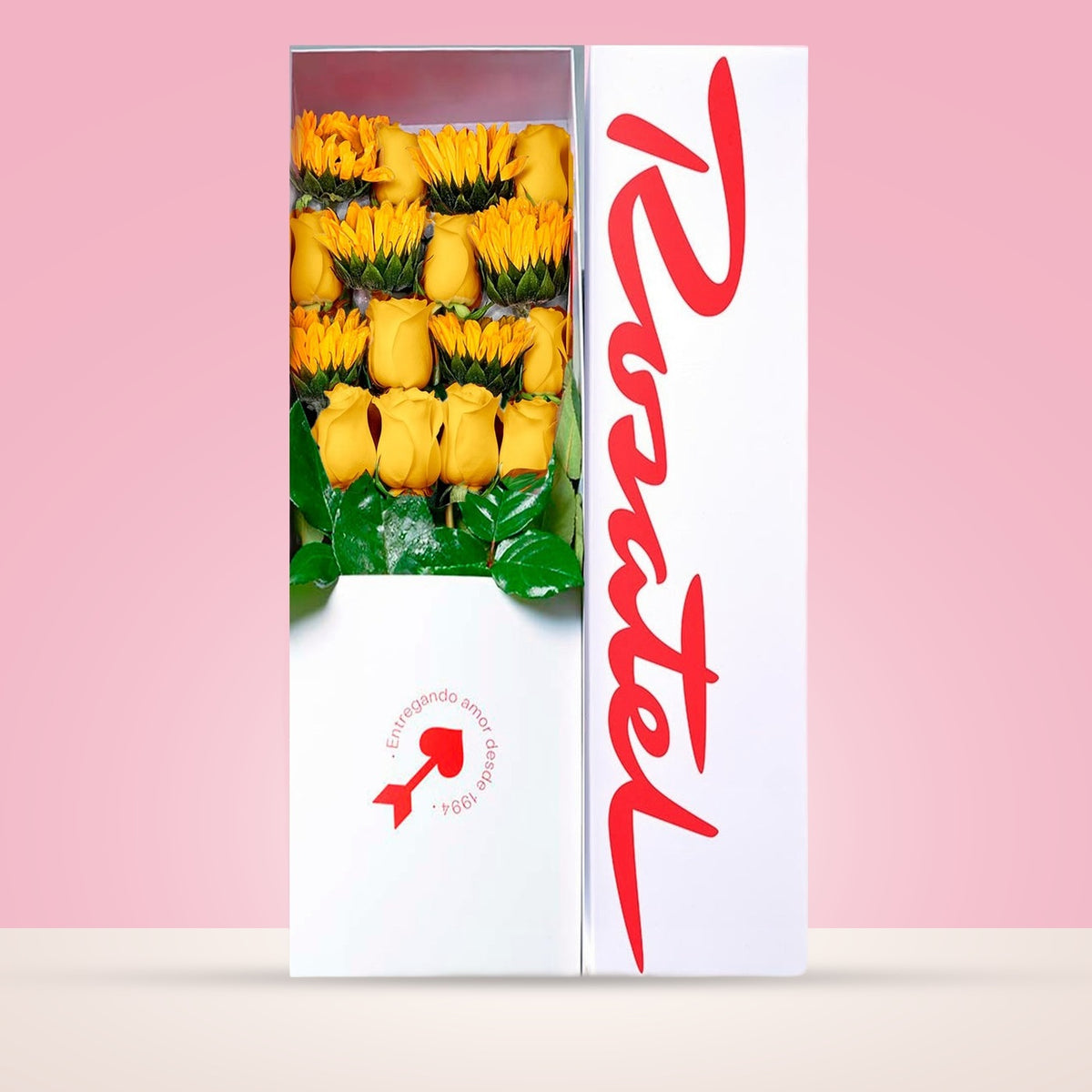 Caja blanca grande Rosatel con 10 rosas y girasoles, rosas amarillas