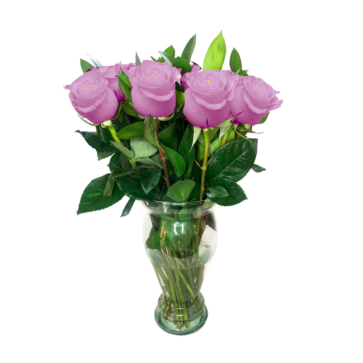Arreglo con 12 rosas en florero modelo europeo, rosas lila