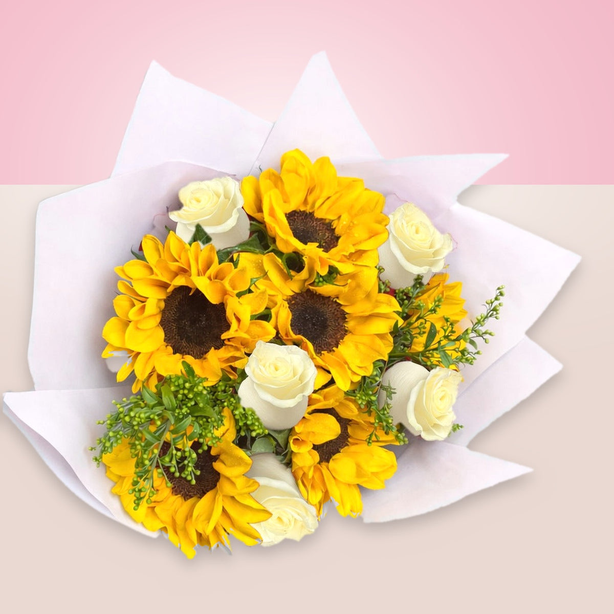 Ramo con 6 rosas blancas y 6 girasoles