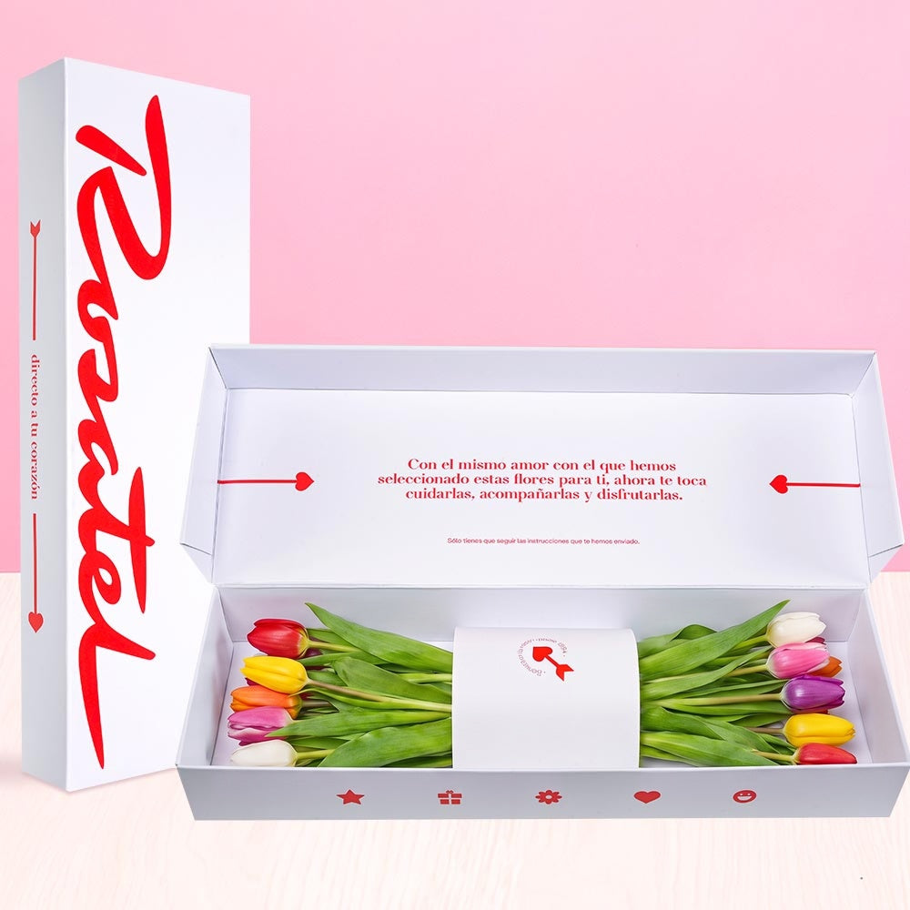Caja blanca Rosatel con 9 tulipanes de colores variados