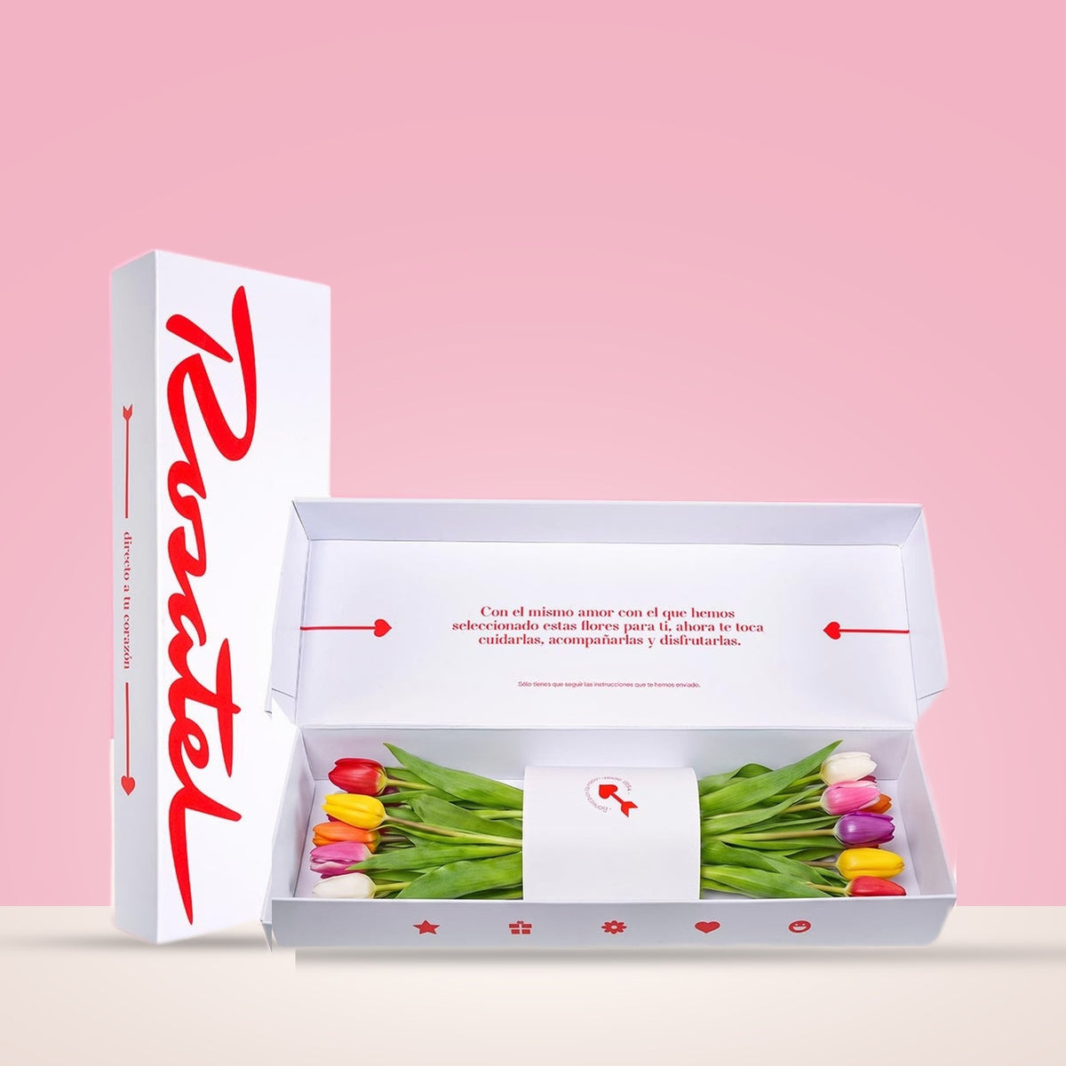 Caja blanca Rosatel con 9 tulipanes de colores variados