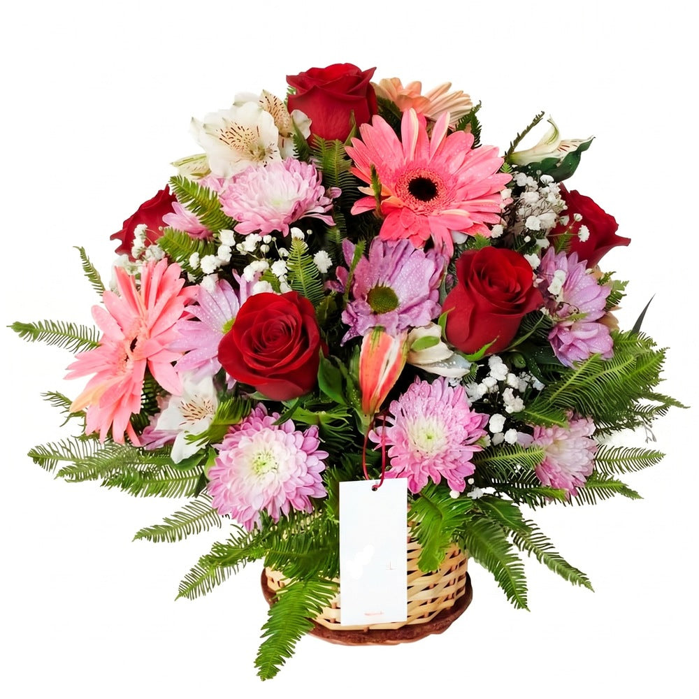 Canasta con 6 rosas, gerberas y flores, rosas rojas