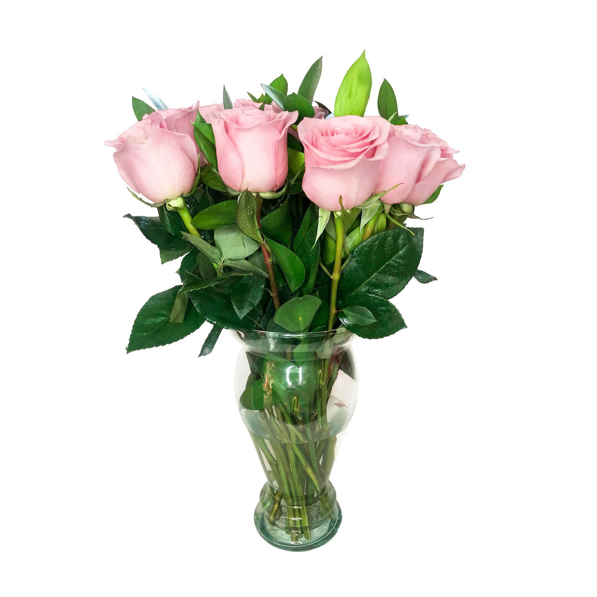 Arreglo con 12 rosas en florero modelo europeo, rosas rosadas