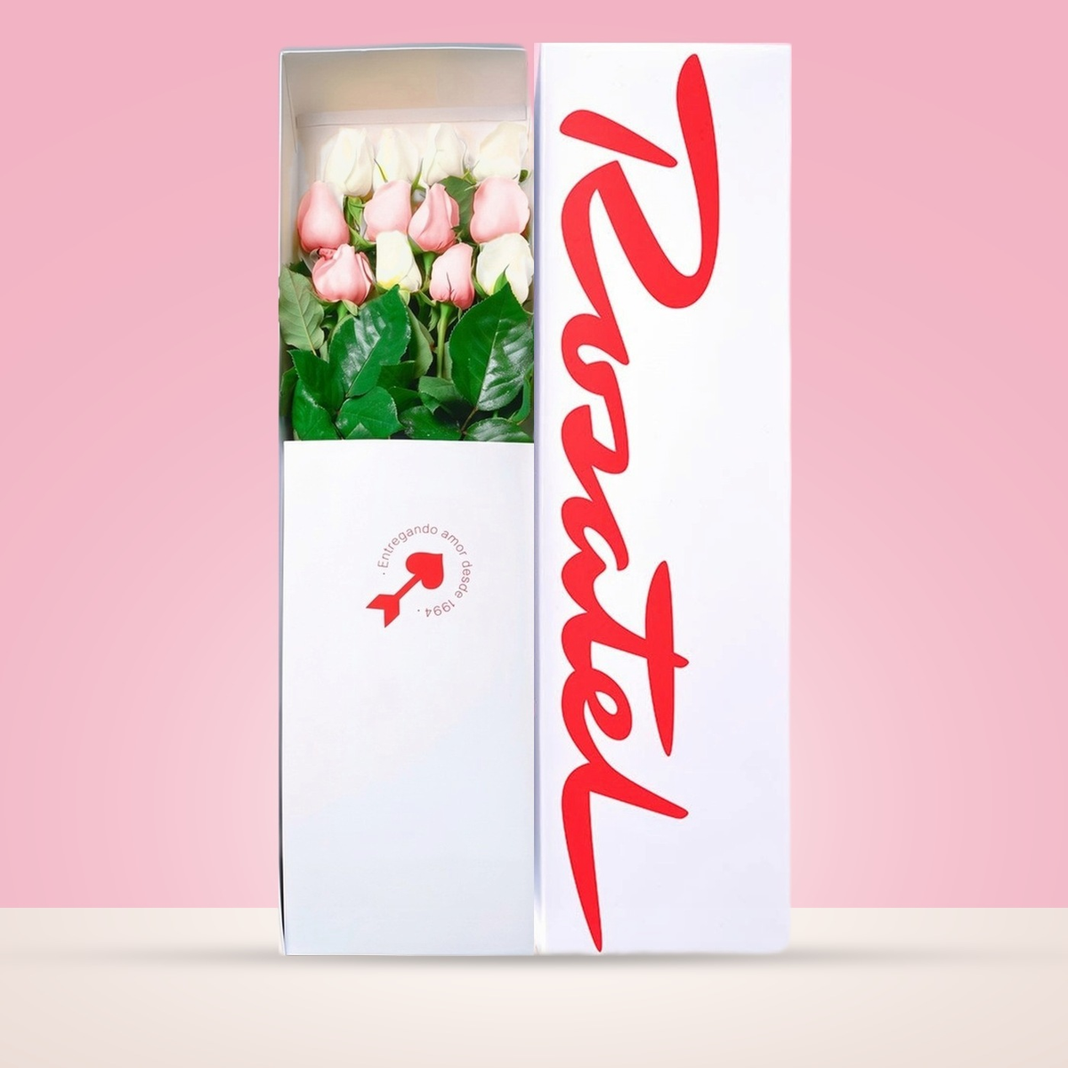 Caja blanca Rosatel con 12 rosas rosadas y blancas