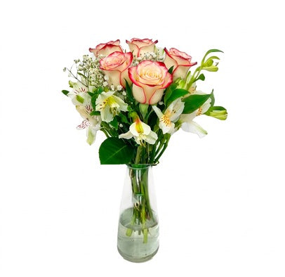 Arreglo con 5 rosas y astromelias en florero gélida, rosas blush (crema con borde rojo)