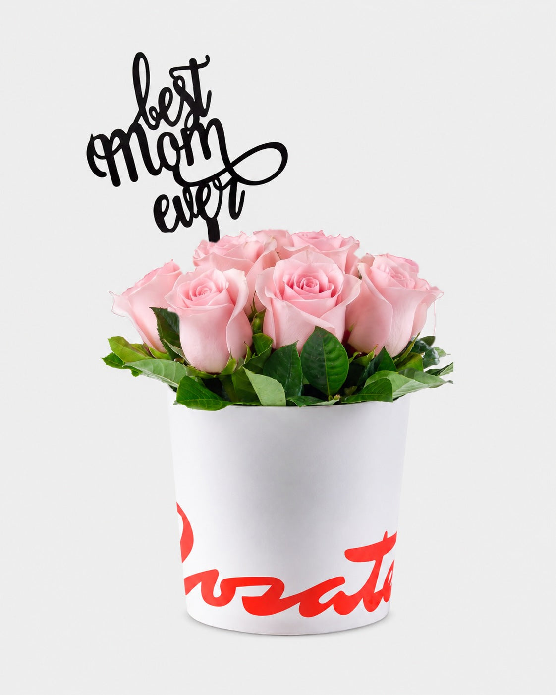 Sombrerera blanca mediana con 10 rosas y varilla Best Mom Ever, rosas rosadas