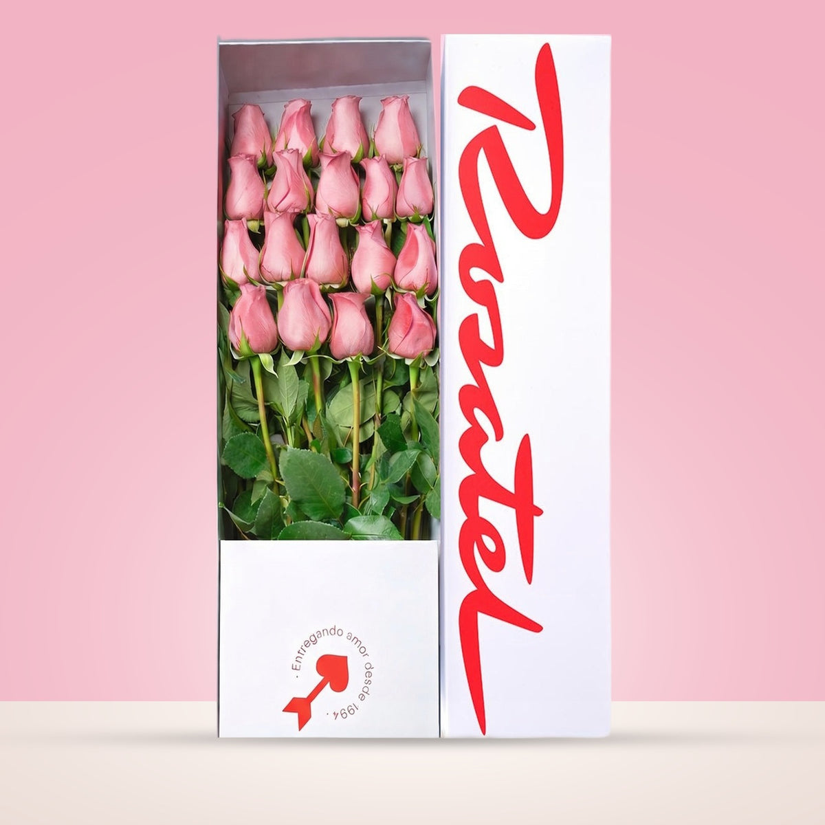 Caja blanca Rosatel con 18 rosas rosadas