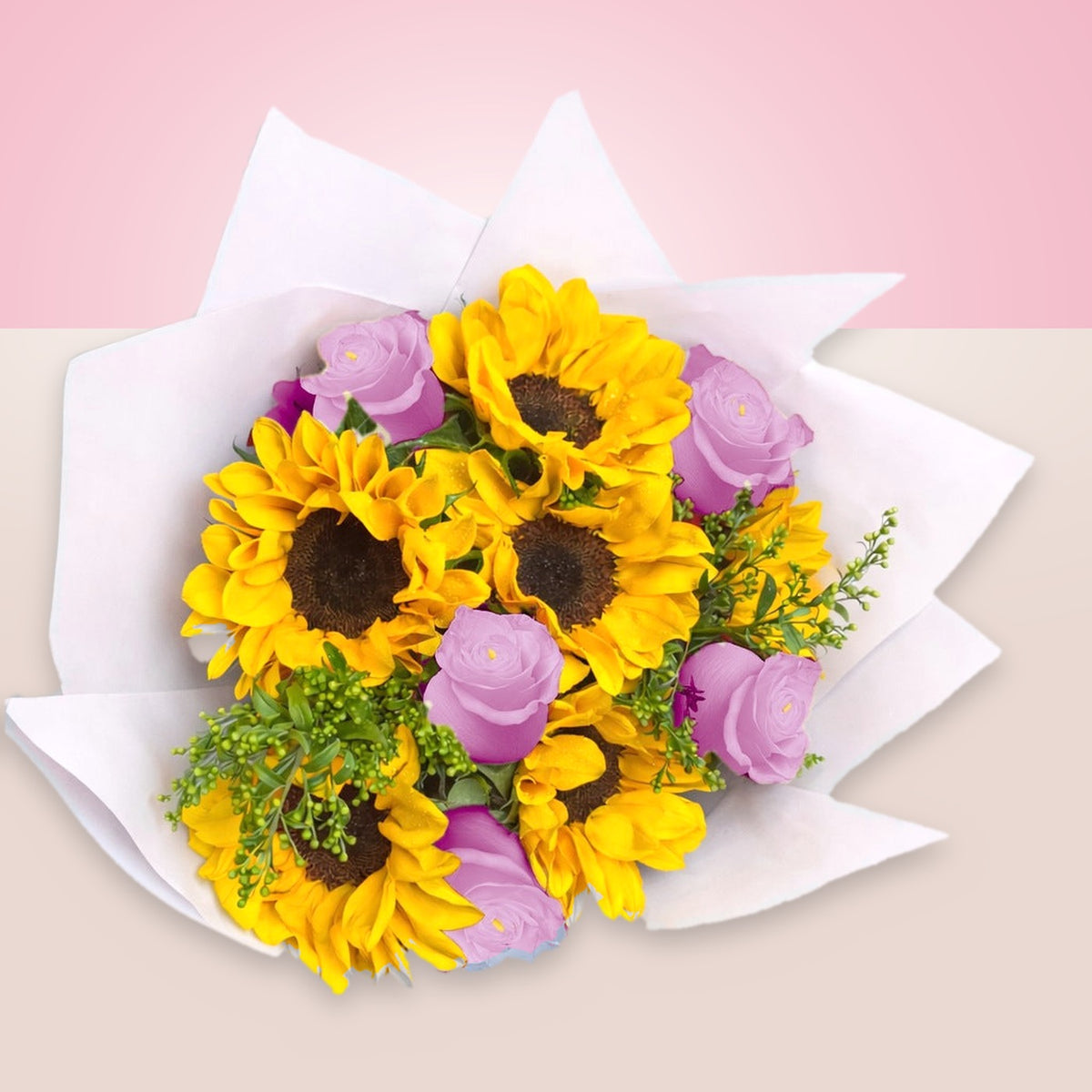 Ramo con 6 rosas lila y 6 girasoles