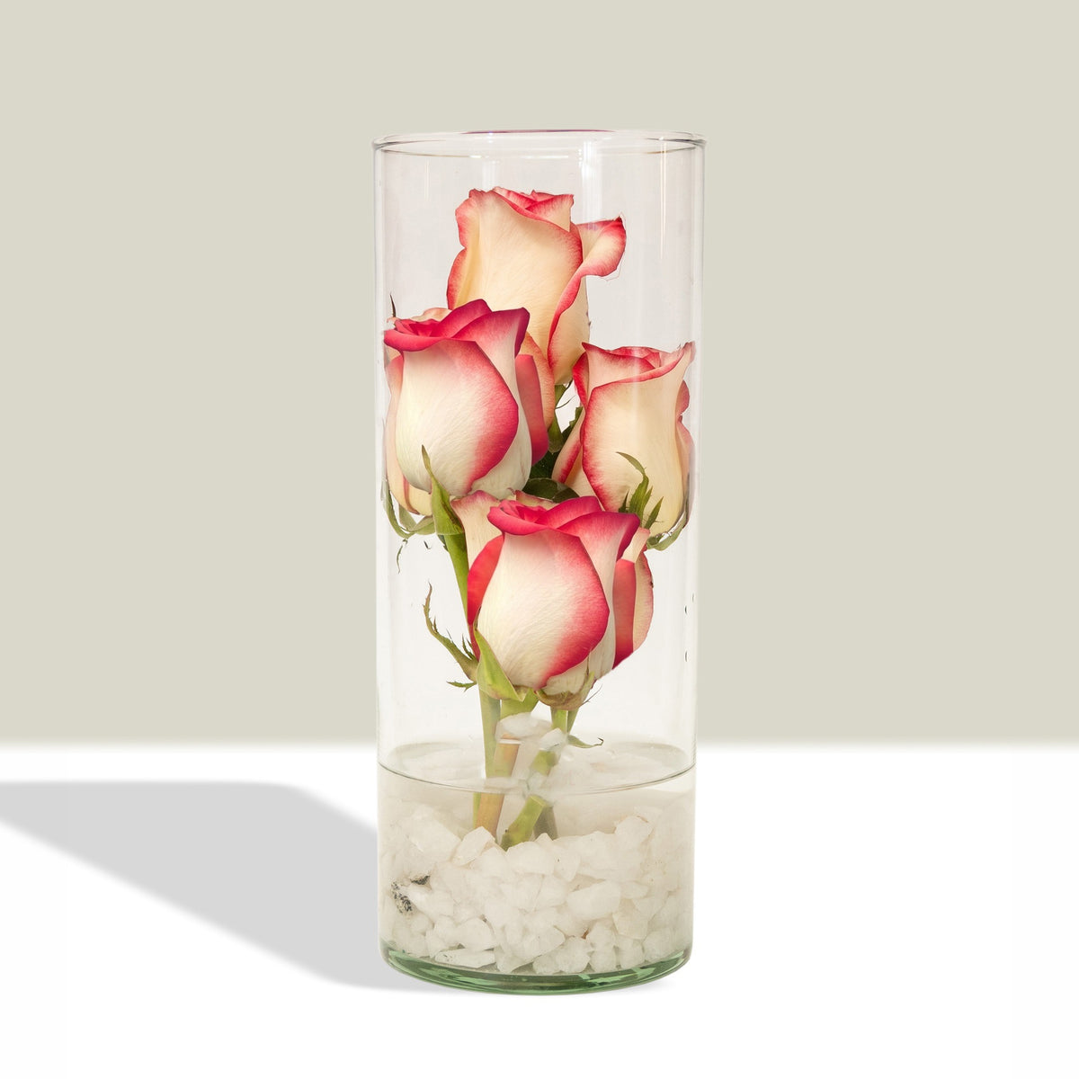 Arreglo con 4 rosas y cuarzo en velón de vidrio, rosas blush (crema con borde rojo)