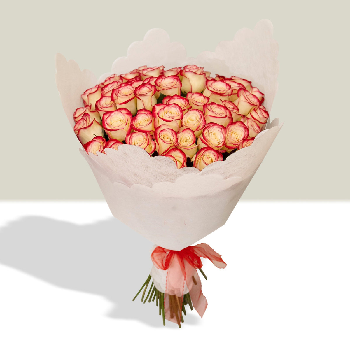 Ramo con 50 rosas, rosas blush (crema con borde rojo)